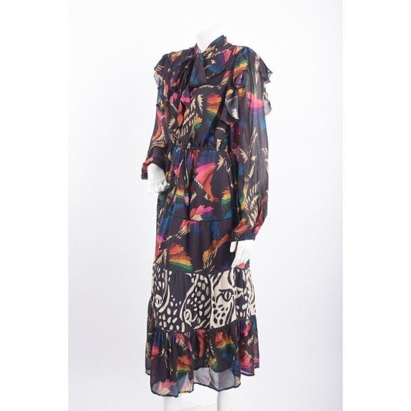 Farm Rio Womens Macaws Flight Tie-Neck Ankle Dress S  Tiered Animal Print NWT - Picture 4 of 7